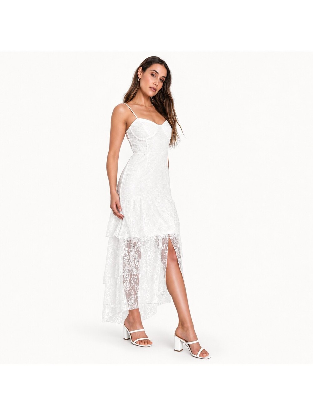 NWT Lulus Elaborate Love White Lace Bustier Tiered High-Low Maxi Dress Size M